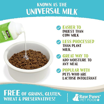 Raw Paws Raw Unpasteurized Goat Milk for Dogs & Cats, 16-oz, 14 Pack - Pet Milk Replacer for Puppies & Kittens, Goat Supplement for Dogs, Sensitive Stomach Dog Food Topper, Frozen Raw