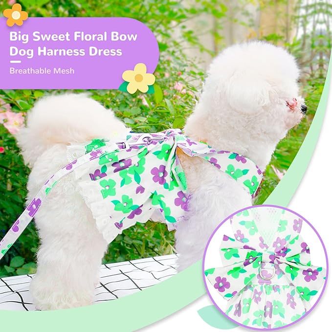 ABRRLO Dog Harness Dress Leash Set for Small Dog Summer Clothes Girl Female Puppy Cats Outfits Cute Floral Bowknot Princess Birthday Dress for Extra Small Pet Doggie Kitten Outfits Apparel(Green,M)