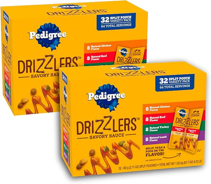 Pedigree Drizzlers for Dogs, Wet Dog Food Gravy Savory Sauce Multipack, 60g Dual-Serving Pouch, 32 Count, Pack of 2 (64 Pouches, 128 Servings Total)