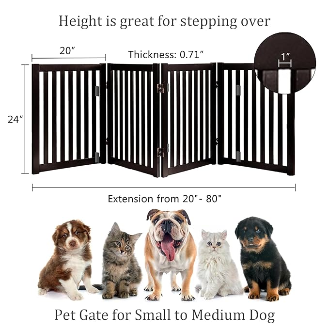 WELLAND 24" Freestanding Pet Gate, Foldable Wooden Dog Gate, 4 Panel Step Over Fence, Indoor Puppy Gate, Expands Up to 80" Wide, Espresso