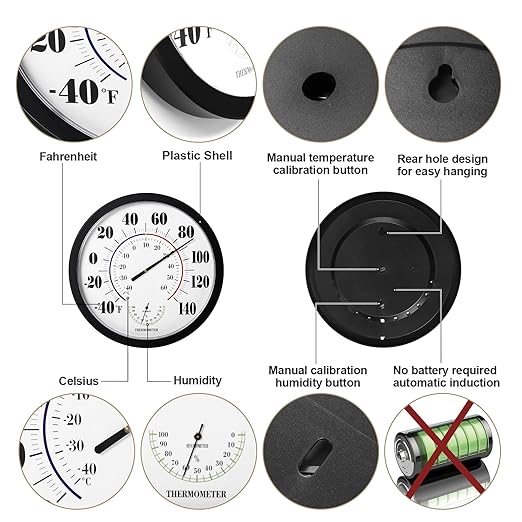 Indoor Outdoor Thermometer Wall Large Numbers Thermometer No Battery 10" Hanging Digital Weather Hygrometers for Home Garden Outside Patio Decor (Black)