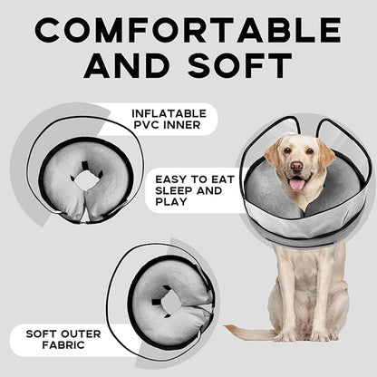 Inflatable Dog Cone Collar-Enhanced Anti-Licking Protective Cone with Adjustable Strap-Soft Dog Donut Collar Recovery Cone for Pets After Surgery(Grey, L)