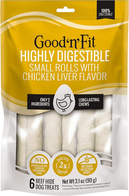 Good n Fit Small Rolls with Real Chicken Liver Flavor, 6 Count, Long-Lasting Highly Digestible Rawhide Chews for Dogs