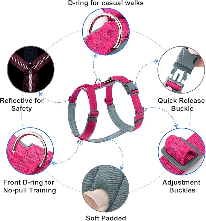Plutus Pet No Pull Dog Harness, Adjustable Nylon Harness with Soft Padding, Reflective and Heavy Duty Dog Harness for Small, Medium, Large Dogs(Hot Pink, S)