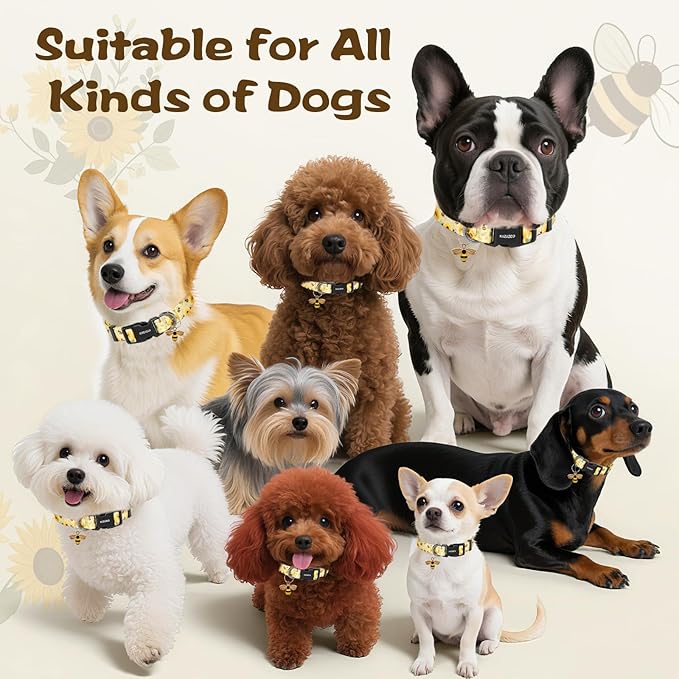 Kazazoo Dog Collar Cute and Soft Nylon Puppy Collar for Boy and Girl, Adjustable Dog Collars for Small Medium Dogs, Bees and Sunflowers-XS