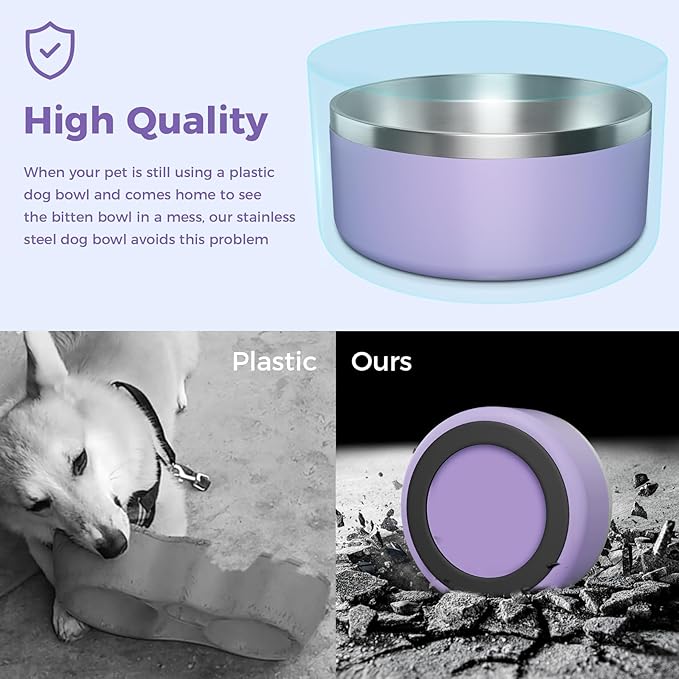 WENBOKMIN Dog Bowl, Stainless Steel Dog Food and Water Bowl with Non Slip Quiet Bottom, Easy to Clean, Dishwasher Safe, 40oz, Light Purple