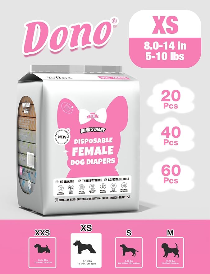 Dono Dog and Cat Diapers Female-60PCS, Disposable Female Dog Period Diaper for Heat with Wetness Indicator, Super Absorbent Doggie Puppy Diapers Female for XXS,Small Medium Large Dogs