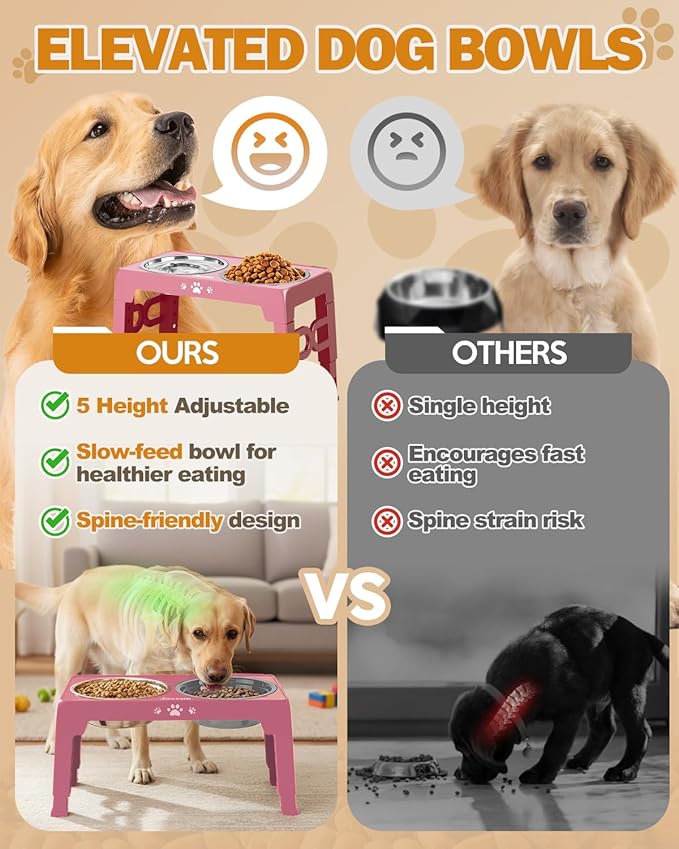 Jovrun Elevated Dog Bowls for Medium Large Size Dogs, Non-Slip Dog Feeder with 1*Stainless Steel Dishes & 1*Slow Feeder Bowl, 5 Heights Adjustable Raised Bowls to 3.15″-8.66″-9.84″-11.02″-12.2″
