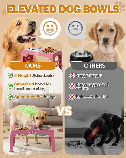 Jovrun Elevated Dog Bowls for Medium Large Size Dogs, Non-Slip Dog Feeder with 1*Stainless Steel Dishes & 1*Slow Feeder Bowl, 5 Heights Adjustable Raised Bowls to 3.15″-8.66″-9.84″-11.02″-12.2″