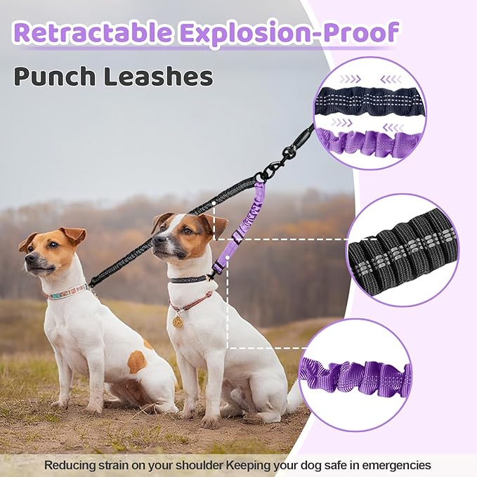 Double Dog Leash - 360°Swivel Tangle Free Splitter Attachment, 1 Rope with Handle, 2 Dogs Multi-Functional Leash, for Outdoor Walk Train Small Medium Large Two Pet, Purple
