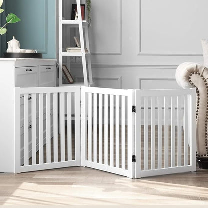 WELLAND Wooden Freestanding Pet Gate, 24 Inch 3 Panel Step Over Fence, Expands Up to 60" Wide, Foldable Indoor Dog Gate Puppy Safety Fence, White