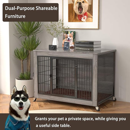 PRETZI Dog Crate Furniture with Cushion,38" Wooden Dog Crate nightstand with Double Doors, Grey Kennel Indoor with Wheels, Decorative Pet House for Medium Large Dog