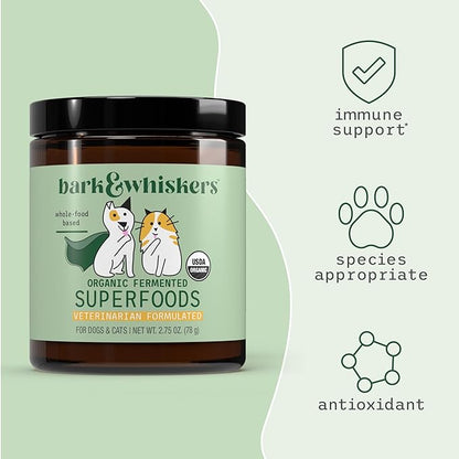 Dr. Mercola Bark & Whiskers Organic Fermented Superfoods - Nutrient-Rich Meal Topper for Dogs & Cats - with Antioxidants - Cheddar Flavor - USDA Organic - 60 Scoops