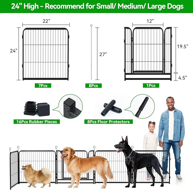 Kfvigoho Dog Playpen Outdoor Extra Wide 16 Piece Panels Heavy Duty Dog Fence 24" Height Anti-Rust with Doors Portable for RV Camping Yard, Total 29FT, 68 Sq.ft, Snowy Black