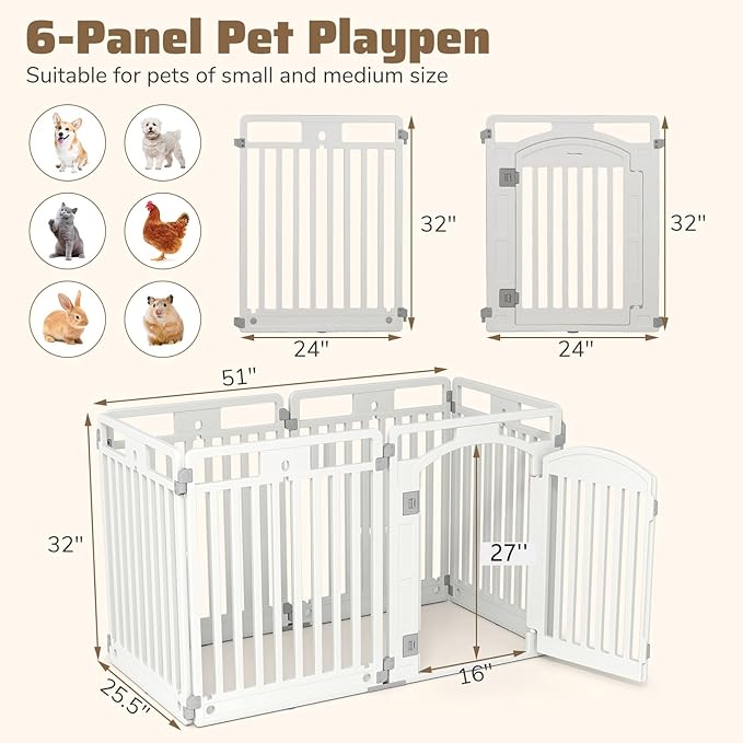 Giantex 6 Panel Dog Playpen, 32'' Tall Plastic Pet Fence with Lockable Door, Indoor Outdoor Portable Dog Exercise Pen for Medium Dogs, Expandable & Configurable into Square or Rectangle