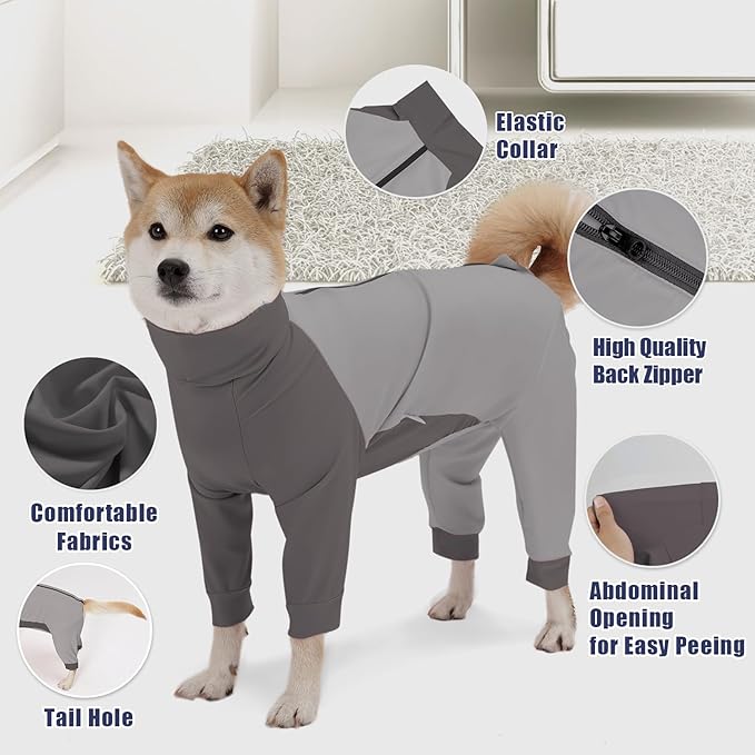 Dog Recovery Suit for Surgery Dog Onesie for Female and Male E-Collar Alternative Anti Shedding Pajamas Long Sleeve Claming Bodysuit Gray L