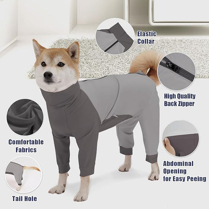 Dog Recovery Suit for Surgery Dog Onesie for Female and Male E-Collar Alternative Anti Shedding Pajamas Long Sleeve Claming Bodysuit Gray L