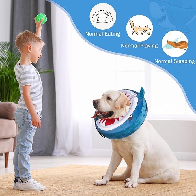SCENEREAL Dog Cone Alternative After Surgery Pet Recovery Collar for Small Medium Large Dogs Cats, Adjustable Inflatable Donut to Prevent Licking, Shark Print E-Collars S