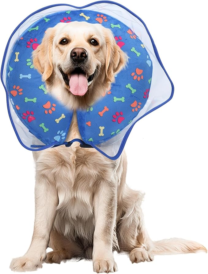Inflatable Dog Cone with Transparent Protective Dog Donut Collar After Surgery, Puppy Collar with Soft Padding, Pet Prevent Scratches Anti Licking Collar for Small Medium Large Dogs(Blue, XL)