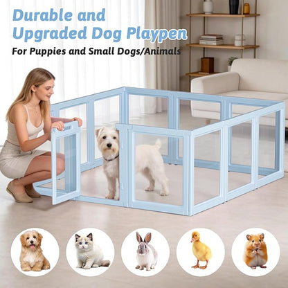 DIY Clear Acrylic Dog Playpen House,Quick Easy Assembly and Disassembly,Strong Floor Suction,Indoor and Outdoor Use,Easy Cleansing Puppy Fence (Sky Blue, 23.6" H, 12PCS)