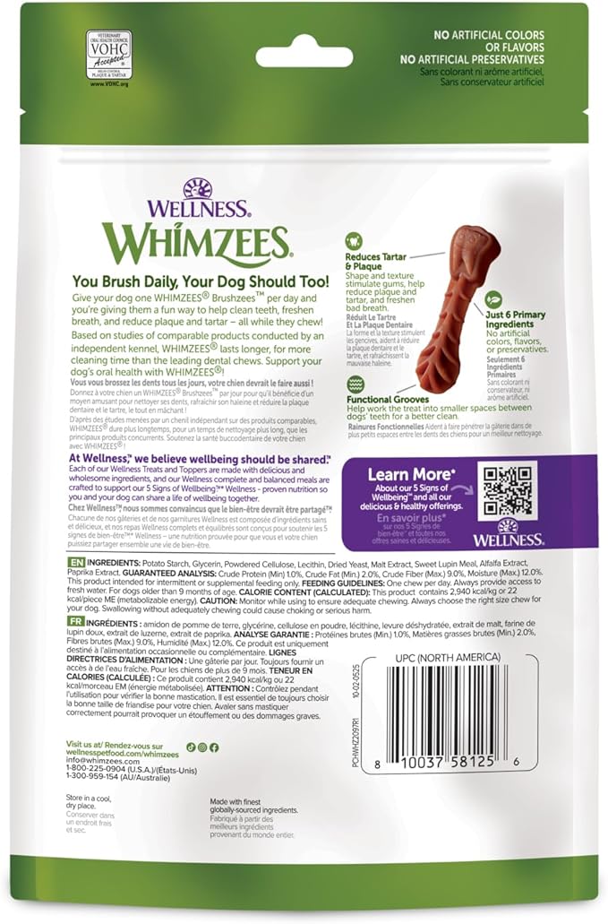 Whimzees Wellness Brushzees Dog Dental Treat, VOHC Accepted Chews, Freshens Breath, Extra-Small Size, 4.2 oz Bag, 16 Count
