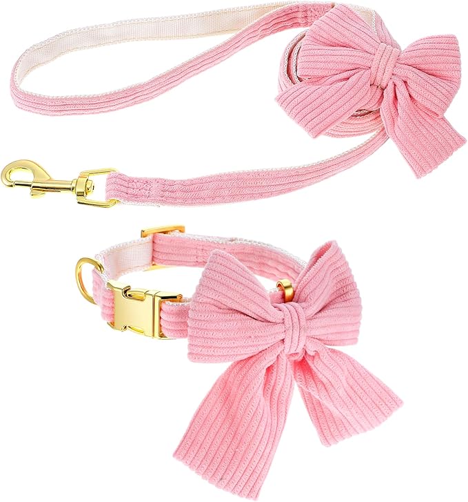 Dog Collar and Leash Set with Bowtie, Pink Cute Girl Dog Collars Bow Metal Buckle Adjustable Corduroy Dogs Collar 10‘’-16‘’for Small Medium Puppy Dogs with 5 FT Leash Pink S