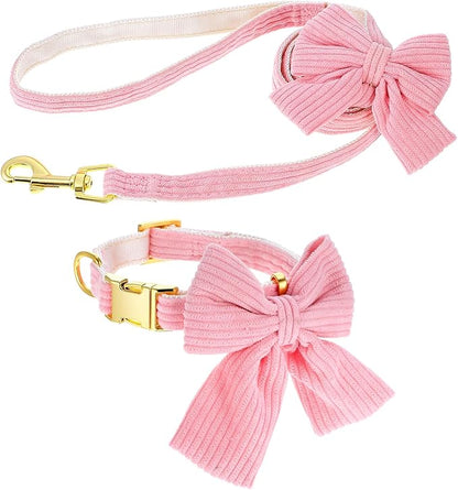 Dog Collar and Leash Set with Bowtie, Pink Cute Girl Dog Collars Bow Metal Buckle Adjustable Corduroy Dogs Collar 10‘’-16‘’for Small Medium Puppy Dogs with 5 FT Leash Pink S