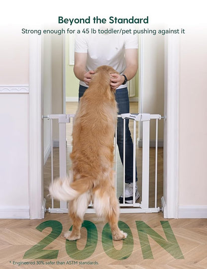 Babelio Metal Baby Gate, 29-48" Auto Close Easy Install Pet Gate, Extra Wide Walk Thru Child Safety Gate, Pressure Mounted Dog Gate for Doorways & Stairs, with Y Spindle Rods, White