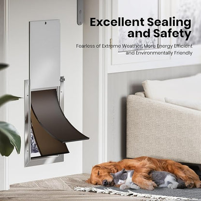 Dog Door for Door, Aluminum Alloy Pet Door, Heavy-Duty Doggy Door, Large Dog Door, Adjustable Tunnel, with Dual Magnetic Flaps & Closing Panel & Double-Sided Locks, Pet Up to 110 LBS