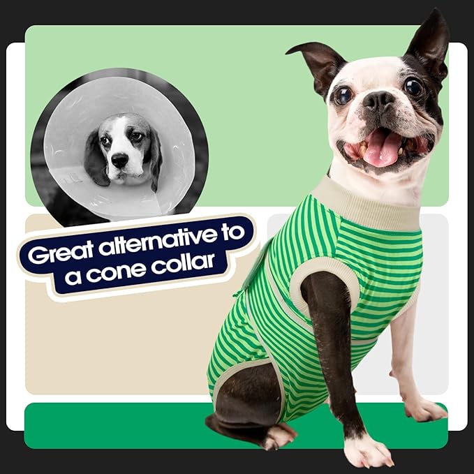 FUAMEY Dog Recovery Suit Male,Dogs Surgery Neuter Suits Puppy Spay Shirts for Female Protect Dog's Skin Anti Licking Abdominal Wounds Doggie Onesie Pet Bodysuit Alternative to Cone Green Stripes XL