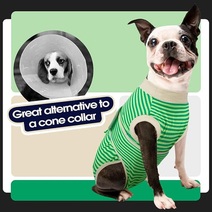 FUAMEY Dog Recovery Suit Male,Dogs Surgery Neuter Suits Puppy Spay Shirts for Female Protect Dog's Skin Anti Licking Abdominal Wounds Doggie Onesie Pet Bodysuit Alternative to Cone Green Stripes XL