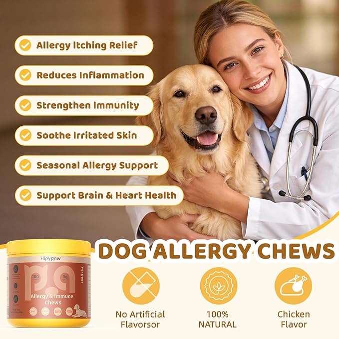 Dog Allergy Relief Chews - Dogs Chew for Itching Relief and Skin Allergy- Soft Probiotics Chew for Dogs Digestive Health Gut Health & Immune System-Skin and Coat Health-100ct