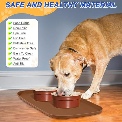 SMILOOL Silicone Pet Feeding Mat with Raised Edge for Food and Water, Dog Bowl Mats, Cat Bowls Placemat with High Lip for Floor Waterproof, Rubber Tray for Cats and Dogs 19 x 12 x0.7 Brown