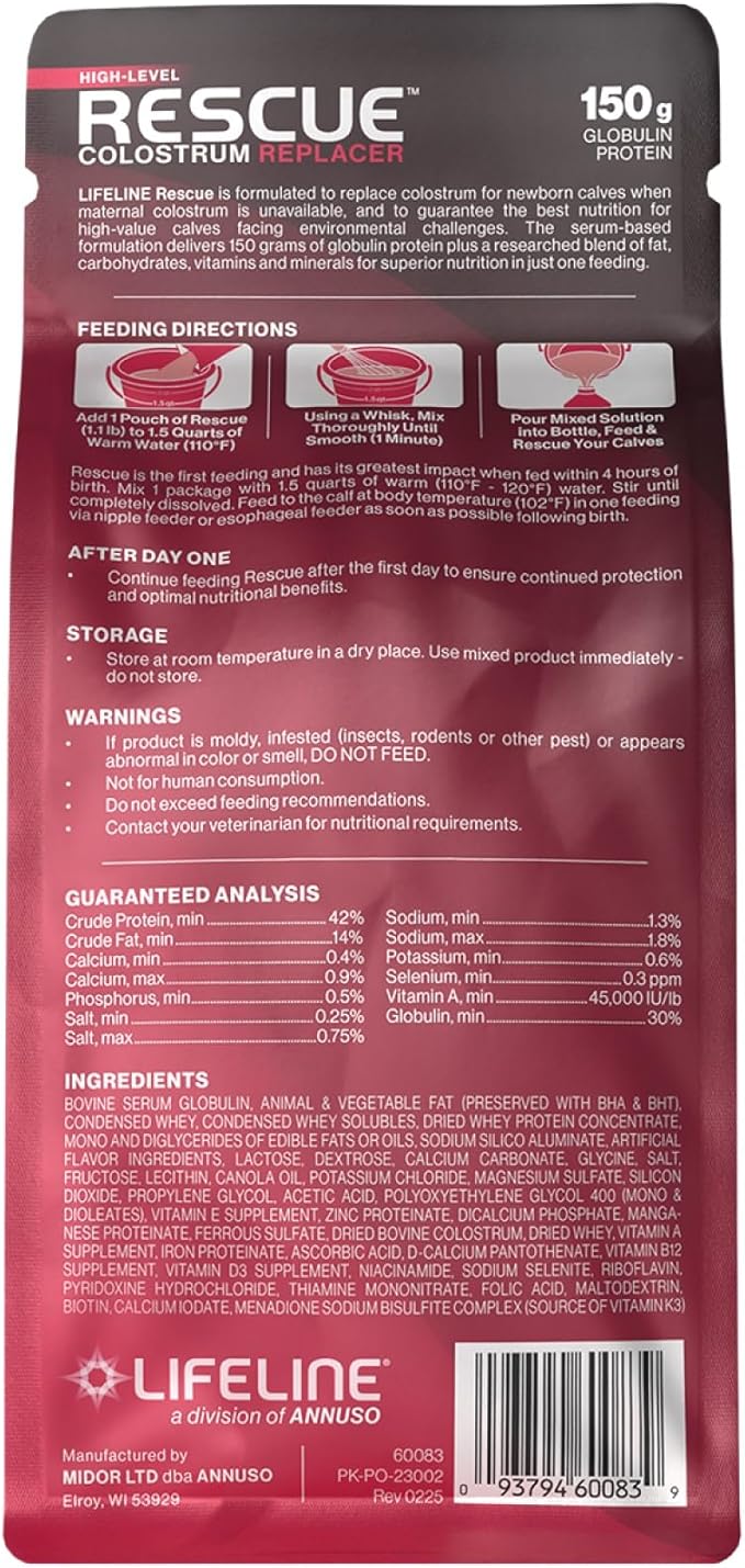 ANNUSO LIFELINE Rescue High-Level Colostrum Replacer for Calves, 1.1lb Bag - 150g Globulin Protein - Replaces Maternal Colostrum in One Feeding - Immune Support, Vitamins, Minerals - Easy-Mix Formula