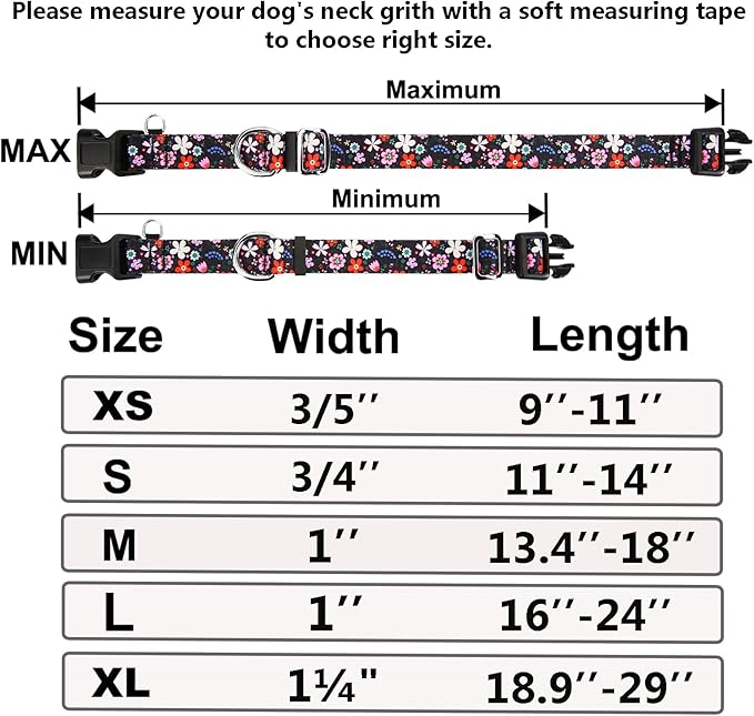Martingale Dog Collar with Buckle Adjustable Nylon Limited Slip Training Floral Dog Collars (Black Pink Red, Large)