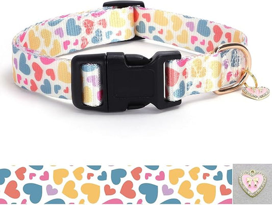 Love Pattern Dog Collar with Buckle Adjustable Safety Nylon Collars for Small Medium Large Dogs, Cute Stylish Girl Boy Christmas Dog Collar(White Heart,XS)