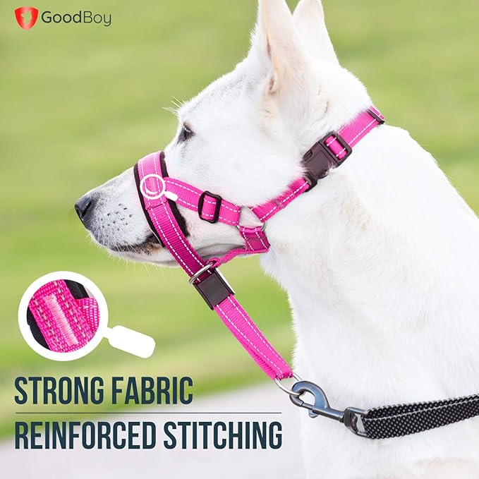 GoodBoy Dog Head Halter with Safety Strap - Stops Heavy Pulling On The Leash - Padded Headcollar for Small Medium and Large Dog Sizes - Head Collar Training Guide Included (Size 4, Pink Nylon)