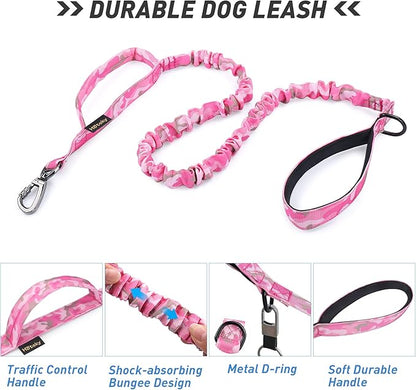 Hotsky Tactical Dog Collar and Leash Set, Heavy Duty Military Airtag Dog Collar with Handle and Metal Buckle for Training and Walking, with Airtag Holder and Two Patches(Pink Camo, XL)