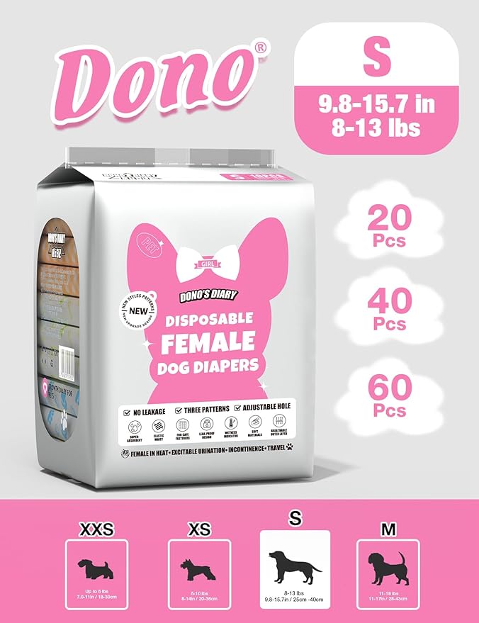 Dono Dog and Cat Diapers Female-60PCS, Disposable Female Dog Period Diaper for Heat with Wetness Indicator, Super Absorbent Doggie Puppy Diapers Female for XXS,Small Medium Large Dogs