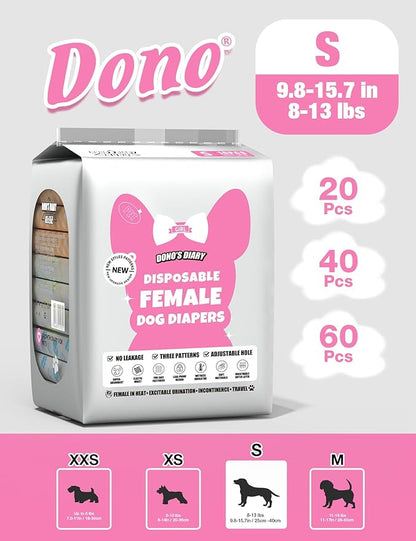 Dono Dog and Cat Diapers Female-60PCS, Disposable Female Dog Period Diaper for Heat with Wetness Indicator, Super Absorbent Doggie Puppy Diapers Female for XXS,Small Medium Large Dogs