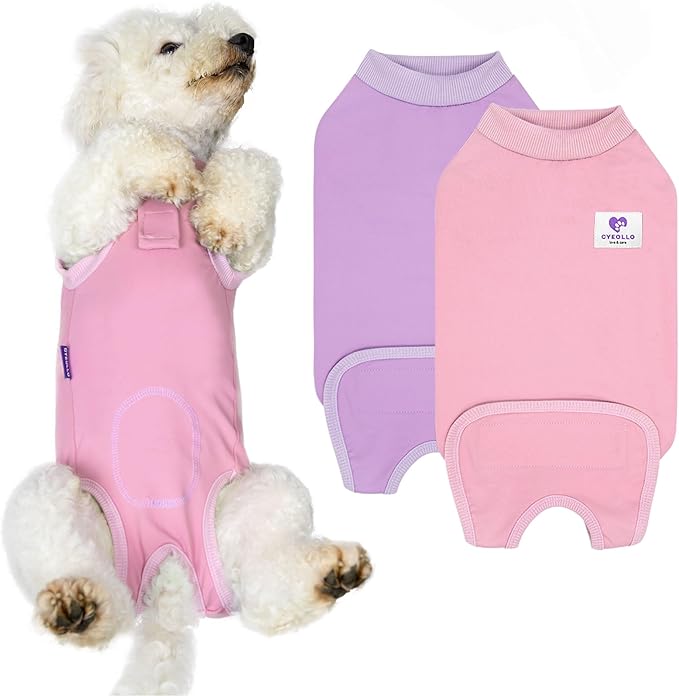 cyeollo 2pack Surgery Recovery Suit for Dogs Cats Soft Breathable Female Male Pet Bodysuit After Surgery for Spay, Neuter, Surgical Recovery Onesie Shirt for Small Dogs, Pink & Purple, XS