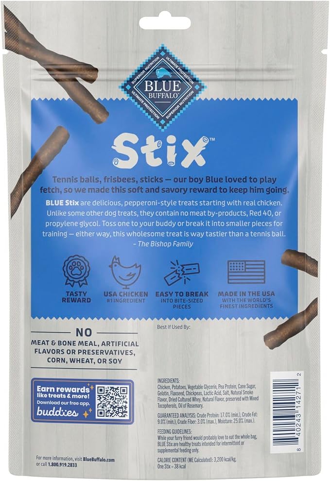 Blue Buffalo Stix Natural Soft Moist Dog Treats Chicken Recipe Bag