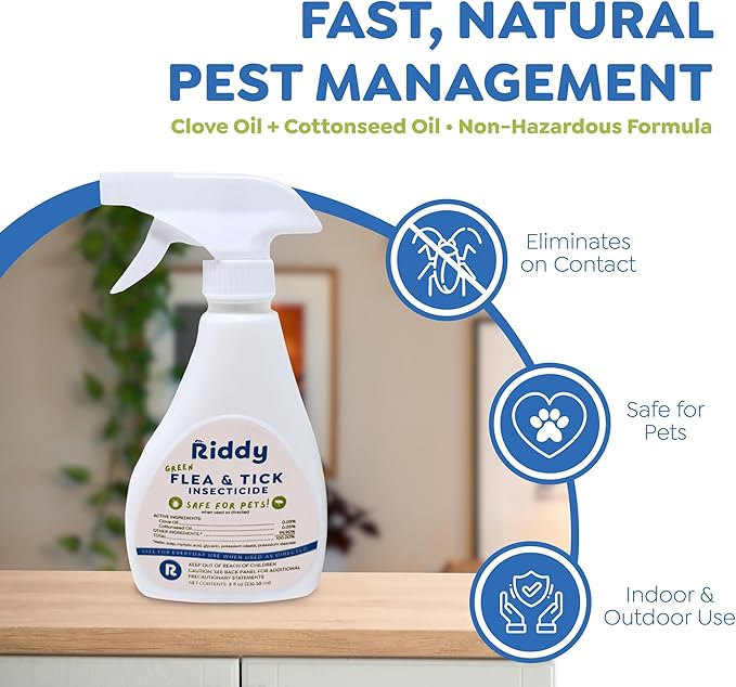 Riddy Flea & Tick Natural Spray for Pets with Essential Oils Safe Non-Hazardous Indoor and Outdoor Control, 8 oz, 1 Pack