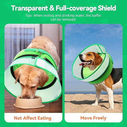Upgraded Inflatable Dog Cone Collar with Transparent Anti-Licking Shield, Adjustable Elizabethan Collar for Medium Large Dogs, 2-in-1 Design with Detachable Shield and Soft Padding (M+, Lime)