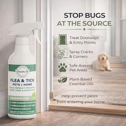 Flea Spray for Home & Pets - Flea and Tick Prevention for Dogs - Plant Based Repellent with Natural Essential Oils for Dog Flea Treatment Protection - Cedarwood Scent - 16 Fl Oz