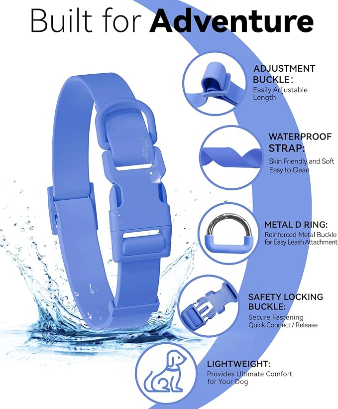 Waterproof Dog Collar, Rubber Adjustable Collars with Quick Release Buckle, Odor-Resistant, Easy to Clean Pet Collars for Small Medium or Large Dogs (Blue, M 11.8-18.5 inch)
