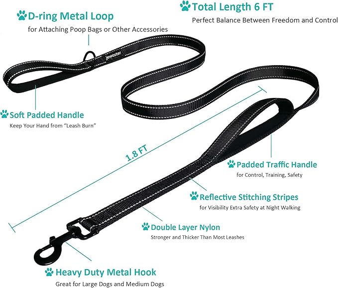 Heavy Duty Dog Leash - 2 Handles by Padded Traffic Handle for Extra Control, 6foot Long - Perfect for Medium to Large Dogs (Dark Blue, 6 ft)