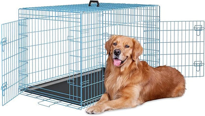 Dopinmin 48 Inch Heavy Duty Dog Crate Double Door Folding Metal Dog Cage Dog Crates for Large Dogs Outdoor Indoor Includes Divider Panel and Leak-Proof Tray,Blue