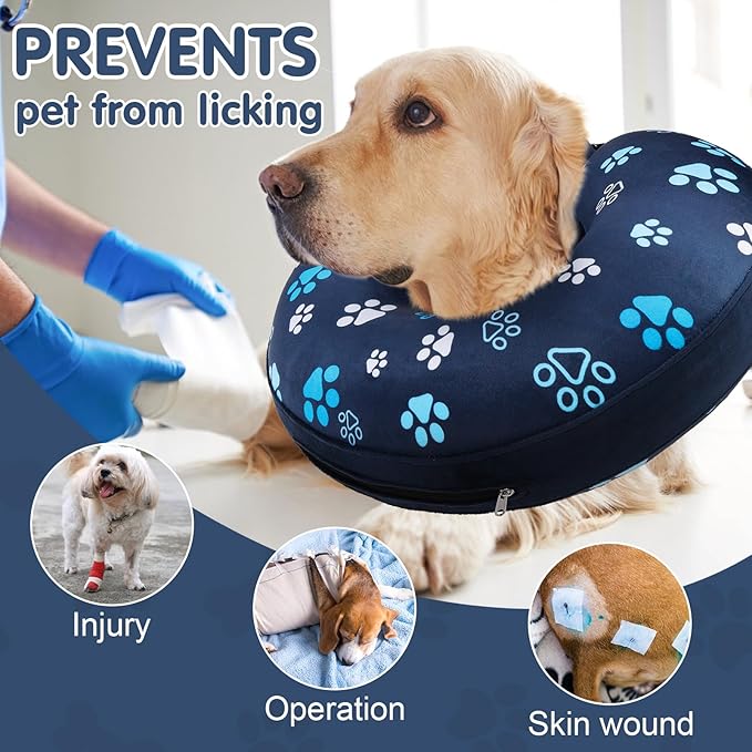 BEAUTYZOO Inflatable Dog Cone Collar, Recovery Dog Cone After Surgery, Adjustable Blow up Dogs Donut Collar, Pet Recovery Collar for Dogs,Navy Blue XL