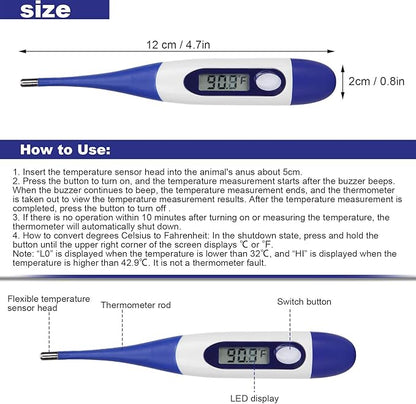 Livestock Pet Thermometer with LED Display Memory Function,Fast Digital Veterinary Thermometer,Flexible Probe for Temperature Measurement for Dogs Cats Horse Cattle (with Battery)